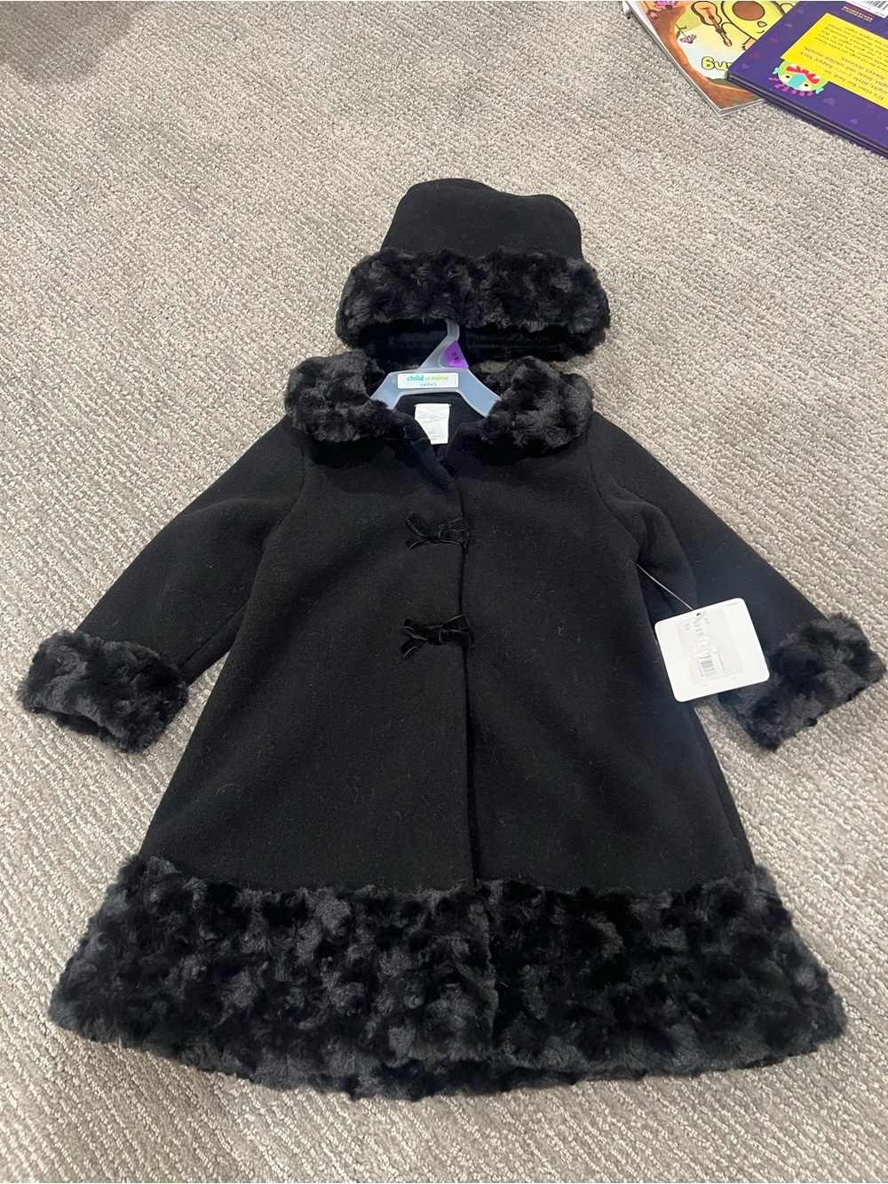 Baby Girl Black Faux-Fur Trim Coat with Matching Hat